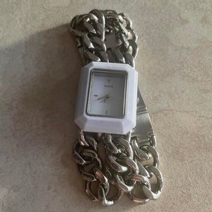 GUESS white square and silver chain watch